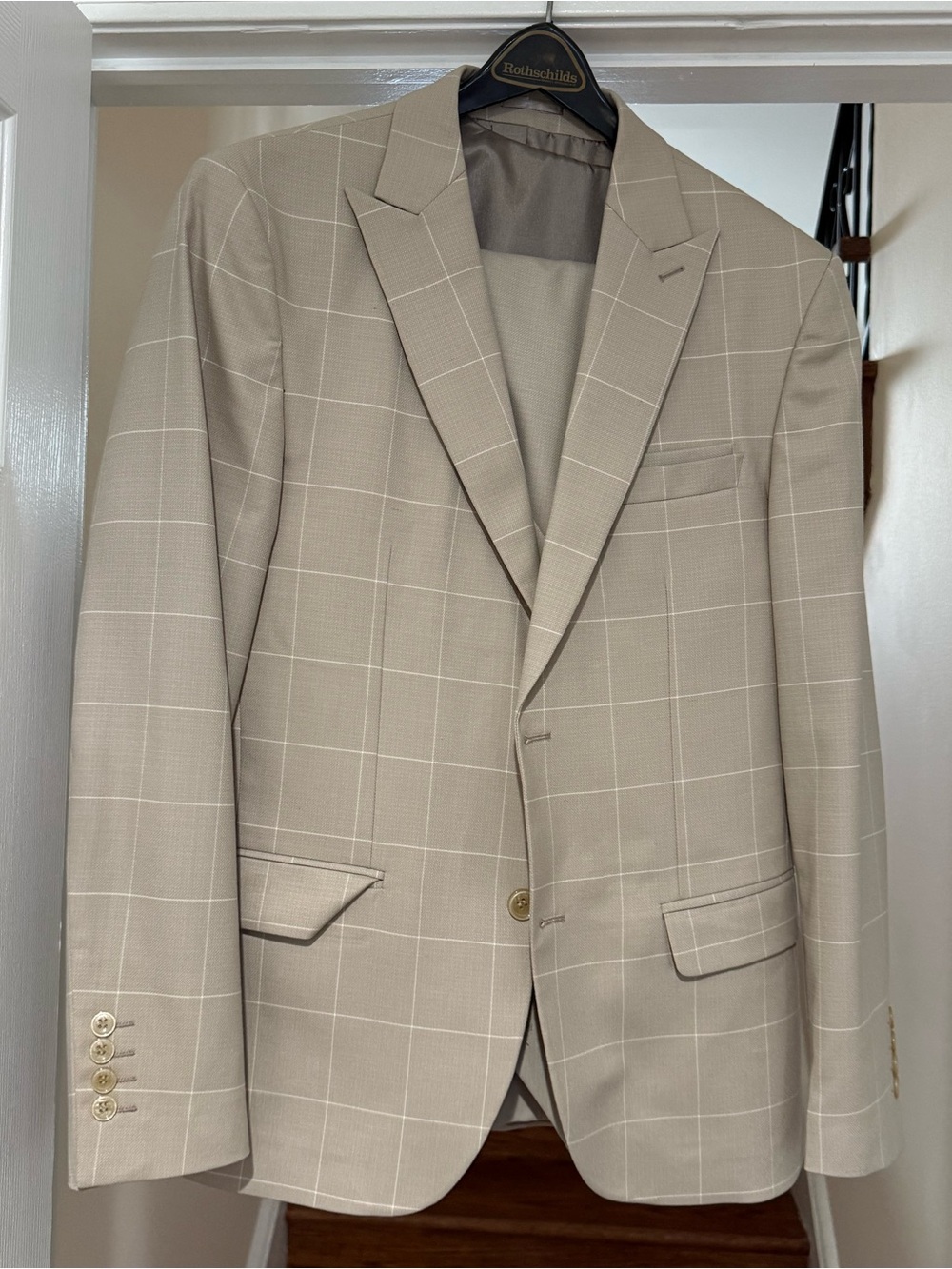 Men's Beige Windowpane Sport Coat - Single-Breasted Tailored Blazer